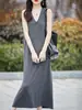 Vestido Básico de Lana Fina de Color Sólido, sin Mangas, Cuello en V, Holgado Casual, Nuevo Vestido de Punto 2026