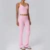 Conjunto de yoga de dos piezas con tejido cepillado por ambos lados, camisola sexy de cuello en V profundo y pantalones largos invisibles levanta-glúteos, ropa deportiva europea y americana OEM personalizada
