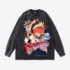 Sudadera Retro Americana de Peso Pesado Cuello Redondo Patrón de Anime Hip-Hop Urbano Oversize Holgada Lavada y Desgastada 280g