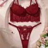 Conjunto de lingerie de renda vinho transfronteiriço com aro, sutiã longo e calcinha fio dental, conjunto de lingerie bustiê
