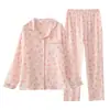 Pijama Feminino de Gaze Dupla 100% Algodão Primavera e Verão Fino Solto Crepe de Algodão Calça de Manga Longa Conjunto Seersucker para Casa