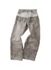 Pantalones casuales rectos holgados, de patchwork estructurado, lavados y desgastados, con estampado de leopardo personalizado