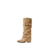 Novas Botas de Outono de Salto Grosso até o Joelho para Mulheres Bico Fino Franzidas Mostram as Pernas Botas Longas de Salto Alto com Fivela de Cinto Perna de Calça Preto Estilo Coreano