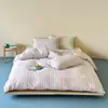 Conjunto de quatro peças em algodão 100% tingido no fio, com listras simples estilo coreano, lavados, com fronha e lençol estilo japonês, fresco e simples, com amarração