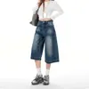 Jeans Casual Americano Retro Azul Claro de Perna Larga para Mulheres 2026 Nova Coleção Primavera e Verão Calça Cropped Solta Tendência Versátil
