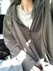 Jaqueta Capuz Zíper Duplo Escovado Retrô Feminina Primavera Outono Solta Preguiçosa Top Macio Confortável Moletom Cardigan Casual