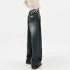 Jeans de Perna Larga Azul Escuro Estilo Retrô Americano High Street Feminino 2024 Novo Calça Mop Solta Calça Reta