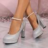 Zapatos Mary Jane de Tacón Grueso Nuevos Primavera 2025 Plataforma Impermeable Alta Perla Hebilla Única Zapatos de Novia Cuadrado de Moda Tacones Altos