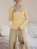 Suéter de Punto Amarillo con Cuello en V Falso Dos Piezas para Mujer, Suéter de Punto Cableado con Cuello Polo para Otoño e Invierno, Camiseta Base de Capa Interior