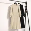 Roupas Femininas Plus Size 2026 Inverno Novo Vestido de Tricô com Manga Lanterna Emagrecedor Retrô Comprimento Midi Saia Plissada