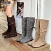 Botas Vaqueras de Cuero Genuino de Caña Alta con Tacón Oculto Arrugadas Apiladas para Mujer 2026 Nuevas Botas de Caballero Otoño/Invierno Botas Largas Adelgazantes