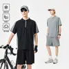 Conjunto de Verão Casual Estilo Americano com Meio Zíper, Manga Curta e Shorts, Cor Sólida, Soltinho, Moda Versátil e Tendência