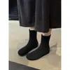 Botas Femininas Estilo Coreano~Bico Redondo Slip-on Elástico Emagrecedoras Femininas 2026 Nova Moda Outono/Inverno Versátil Salto Escondido Botas de Cano Curto