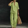 Estilo Old Money Conjunto de Linho Feminino Verão Solto Gola V Manga Curta Calça Wide Leg Conjunto de Duas Peças Sensação Preguiçosa Relaxada