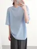 Camisa de Tricô Azul Claro de Linho com Manga Média, Estilo Fino de Verão, Respirável, Levemente Transparente, Simples, Versátil, Solta, Estilo Preguiçoso, Manga Curta