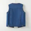 Foto real de chaleco de mezclilla suelto vintage para mujer, chaqueta corta sin mangas, chaleco versátil para figuras petite, chaleco de cuello redondo