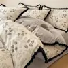 Juego de Cuatro Piezas de Algodón Puro Estilo Retro con Adorno de Pompón, Funda Nórdica de Algodón Puro, Ropa de Cama Nantong, Juego de Tres Piezas de Sábanas 4