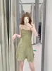 ZA Comercio Exterior Transfronterizo Vestido de Tirantes Verde Estampado con Cordones para Mujer Verano Falda de Línea A Adelgazante para Vacaciones