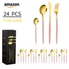 Juego de 4 cuchillos, tenedores y cucharas de acero inoxidable de Amazon transfronterizos. Cuchillo, tenedor y cuchara de acero inoxidable portugués para comida occidental. Caja de regalo de 24 piezas.