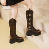 Mesmo estilo salto grosso botas Martin botas femininas de couro alto retrô escovado botas de cowboy ocidental cinto de metal feminino fivela Knight botas
