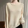 Suéter de Tricô com Design de Luxo Estilo Francês, Vazado com Pérolas, para Mulheres, Suéter Pulôver Azul Claro, Gola Redonda, Top Básico de Caimento Solto