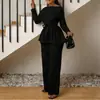 Conjunto de Terno Vermelho Elegante de Venda Quente para Trabalho Feminino Top de Manga Longa com Amarração na Cintura Calças de Cintura Alta de Perna Larga Conjunto de Duas Peças
