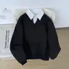 Nueva sudadera tipo camisa de dos piezas falsas estilo japonés para otoño e invierno para parejas y estudiantes, polo retro casual a rayas con retazos para hombre