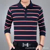 Camiseta de manga larga para hombre de primavera y otoño, holgada, con solapa, a rayas, para usar debajo, bolsillo real, talla grande, top casual para hombre