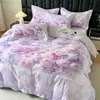 Juego de cuatro piezas de algodón 100% de fibra larga, grosor aumentado, cepillado, con estampado floral grande, de alta gama, que incluye funda de edredón, sábana bajera y ropa de cama