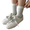 Calcetines blancos de algodón puro para mujer, calcetines de punto medio de lunares para otoño e invierno, calcetines apilables estilo japonés, ribete de encaje, rayas finas, versátiles calcetines largos de algodón peinado