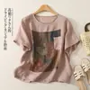 Verão 2026 Novo Tiro Real Retrô Algodão Linho Estampado Blusa Feminina Solta Pulôver Manga Curta Camiseta Camisa de Linho Verão