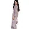 Usa un Vestido Morado de Cuello en V Estilo Francés para Mujer, un Nuevo Modelo de Otoño con un Impresionante Efecto Degradado de Alta Gama, que Ceñe la Cintura, Elegante Vestido Largo