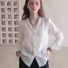 Camisa minimalista de rami sem gola com amarração frontal para mulheres, de manga longa, corte solto, top casual estilo trabalho, camisa de proteção solar primavera/verão, blusa cardigã