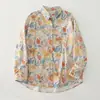 Camisa Estampada Feminina de Manga Longa para Primavera e Outono, Corte Solto, Emagrecedora, Casual, Gola Reversível, Blusa Vintage