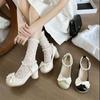 Crema Dulce Sabor Matcha Primavera y Verano Nuevo Estilo Perla Hebilla Suave Zapatos de Cuero Punta Redonda Moño Pisos de Tacón Grueso para Mujer