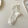 Calcetines de lunares con dobladillo enrollado para mujer, calcetines de media pantorrilla, calcetines largos ins de estilo japonés, absorbentes de sudor, simples y holgados, de moda para primavera y otoño, calcetines largos para estudiantes