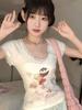 Camiseta Doce de Desenho Animado de Manga Curta Feminina Verão Ajustada Emagrecedora Doce Garota Picante Curta Versátil Pequena Fofa Top Explosões