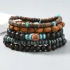 Juego de Cinco Pulseras, Estilo Étnico, Estilo Bohemio Sencillo, Cuentas de Madera Multicapa, Hilo Elástico de Cáscara de Coco, Pulseras para Hombres y Mujeres, Hecho a Mano