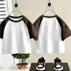 Camiseta de algodón puro para niños, manga corta, bloques de color 2026 verano, unisex, versátil, moderna, bloques de color, raglán, manga media, camiseta básica