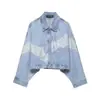 Comercio exterior transfronterizo al por mayor europeo y americano moda para mujer AliExpress versátil empalmado de encaje chaqueta corta de mezclilla de un solo botón