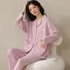 Pijama feminino algodão novo calça de manga comprida cardigã de lapela primavera e outono avançado casual desenho animado roupa de casa conjunto