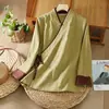 Foto real de blusas de estilo chino, camisa Hanfu modificada para mujer, estilo otoño, atuendo Zen de té artístico de corte holgado, top de algodón y lino