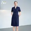 Traje de Verano Azul Marino Cuello Solapa Doble Botonadura Vestido Formal Profesional para Mujer, Corte Ajustado, Vestido Formal Sencillo y Elegante