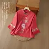 Camisa top de algodón y lino de manga tres cuartos, con botones, bordada, estilo chino de encaje, cuello diagonal, artística retro étnica, de la primavera y el otoño del sudeste asiático