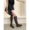 Botas Largas de Tacón Grueso con Punta Aguda Color Caqui para Mujer, Botas Altas hasta la Rodilla, Botas de Caña Alta, Botas de Monta para Mujer