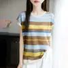 Camiseta de Punto de Bambú con Cuello Redondo y Mangas Cortas para Mujer, Nuevo Estilo Verano 2026, Camiseta sin Mangas Holgada a Rayas con Bloques de Color, Venta al por Mayor