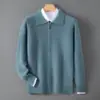 Nuevo cárdigan de punto 100% lana para Otoño e Invierno, chaqueta con cremallera para hombre, suéter de lana de color liso con cuello POLO, top casual