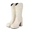 Botas estilo Martin femininas de tamanho grande para outono e inverno, botas de couro de cano médio com bico redondo, plataforma impermeável e salto quadrado, botas femininas versáteis de salto alto