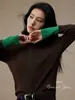 Estilo Artístico (Cachemira y Lana) Suéter de Punto Color Block Henley Manga Larga Camisa Base para Mujer Primavera Temprana Otoño Invierno