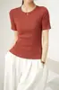 2025 Novo Top de Malha Canelada com Gola Redonda de Manga Curta Slim Fit Versátil para Mulheres, Camiseta Esportiva Casual Fina de Primavera e Verão